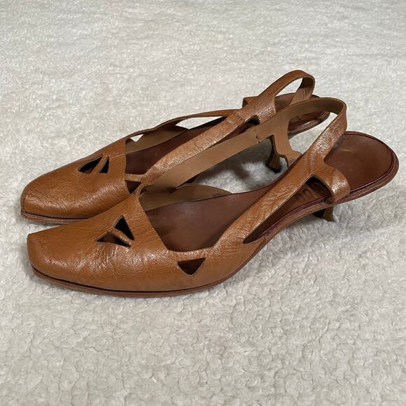 Cydwoq Vintage Slingback Heels Metallic Tan Leather Kitten Heels Square Toe 40 9 - Picture 1 of 7